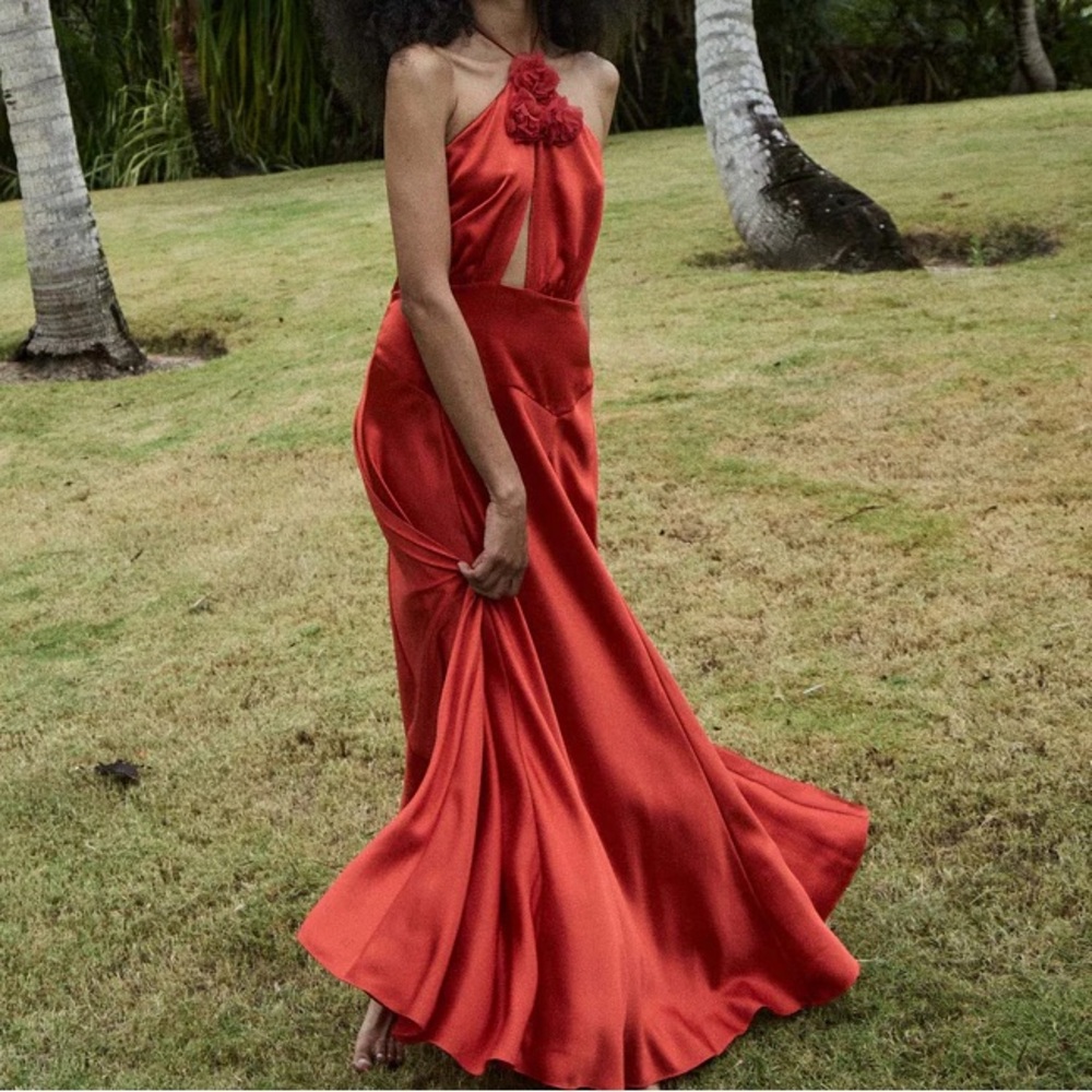 NWT Doen Lilaia Silk Rosette Rose Halter Maxi Dress Gown Fiery Coral Red